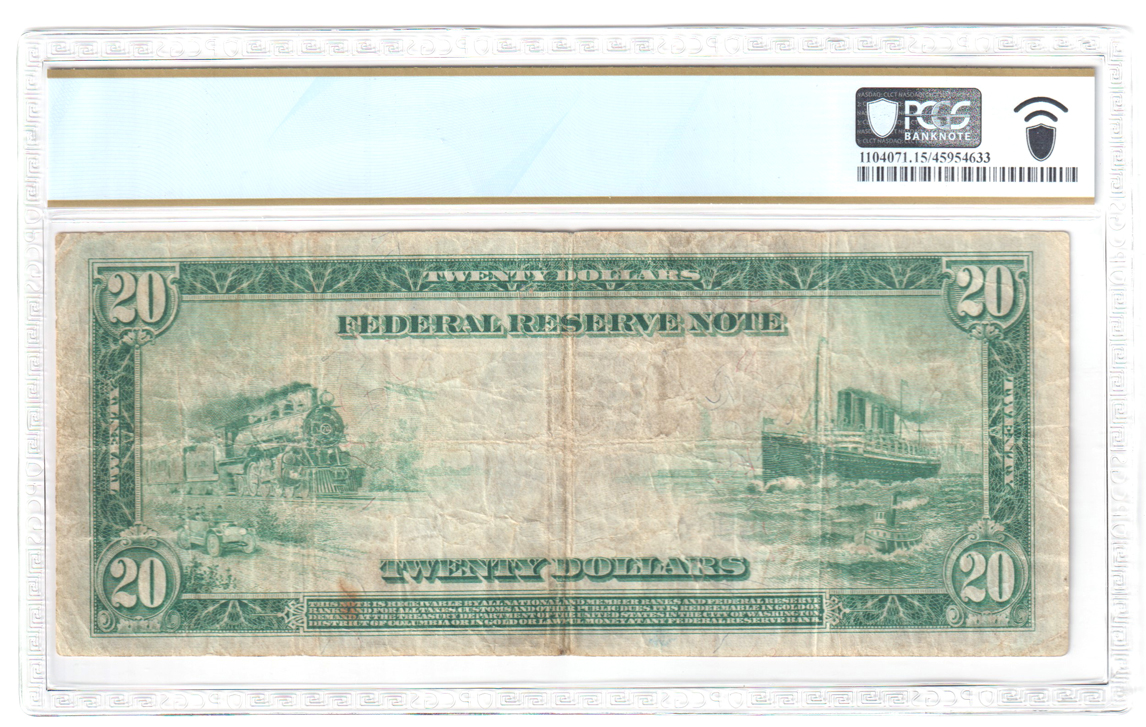 1914 $20 Chicago Blue Seal Star Fr# 990* - PCGS F-15