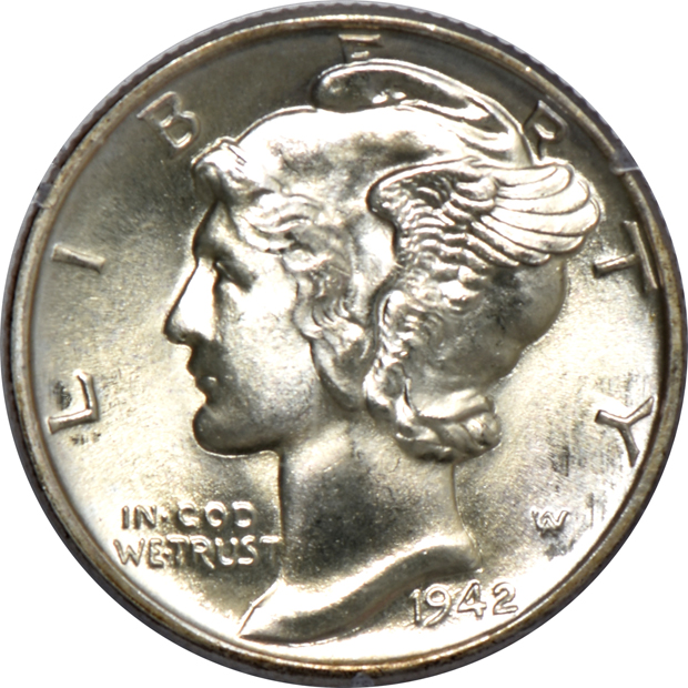 1942 Mercury dime MS-66, and a 1946-D Walking Liberty half-dollar MS-65, both PCGS (rattler) GOLD CAC