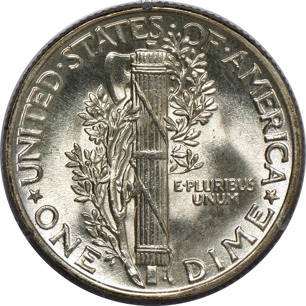 1942 Mercury dime MS-66, and a 1946-D Walking Liberty half-dollar MS-65, both PCGS (rattler) GOLD CAC