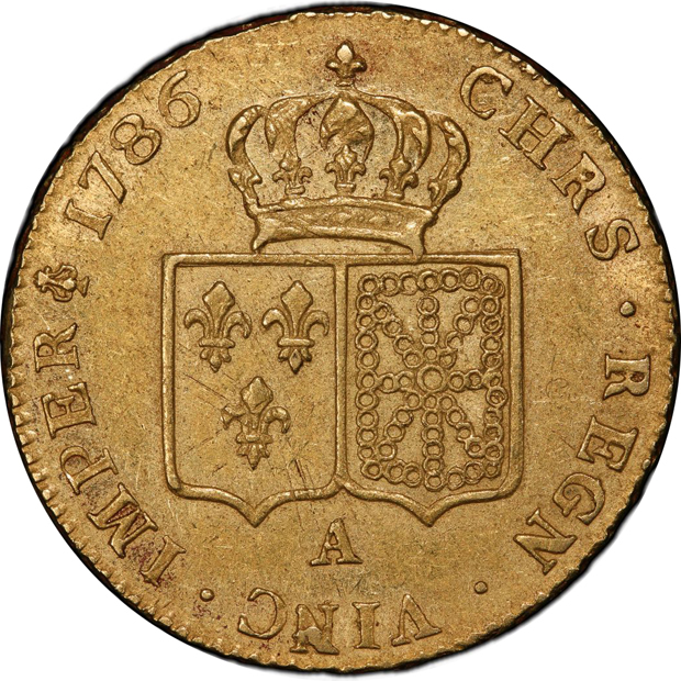 France - 1786-A Louis d'or - Gad-363 No Dot, 1st Sem.  PCGS AU details/altered surfaces