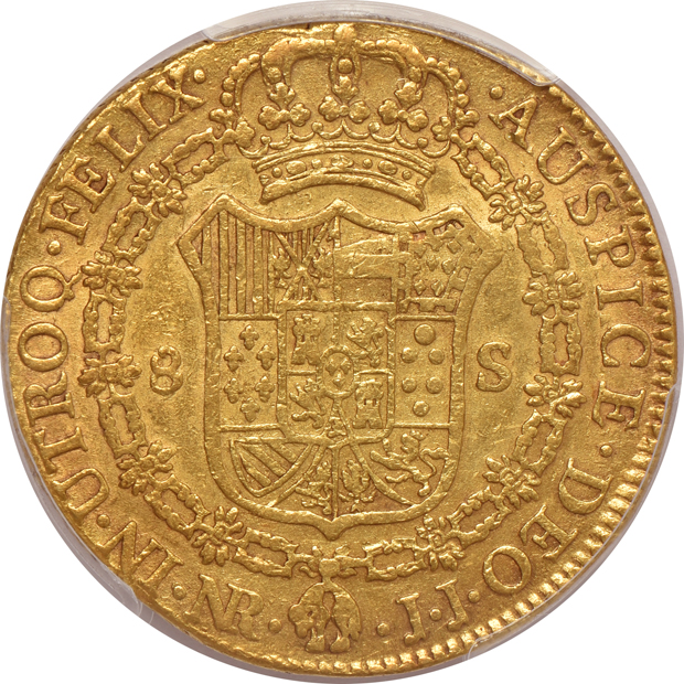 Spain/Colonia - Colombia - 1803-NR JJ 8 escudos - Calico-1742 PCGS AU details/planchet flaw