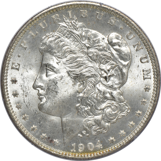 Two Morgan silver dollars, a Peace silver dollar, and a Walking Liberty half-dollar, all Uncirculated PCGS (rattler)