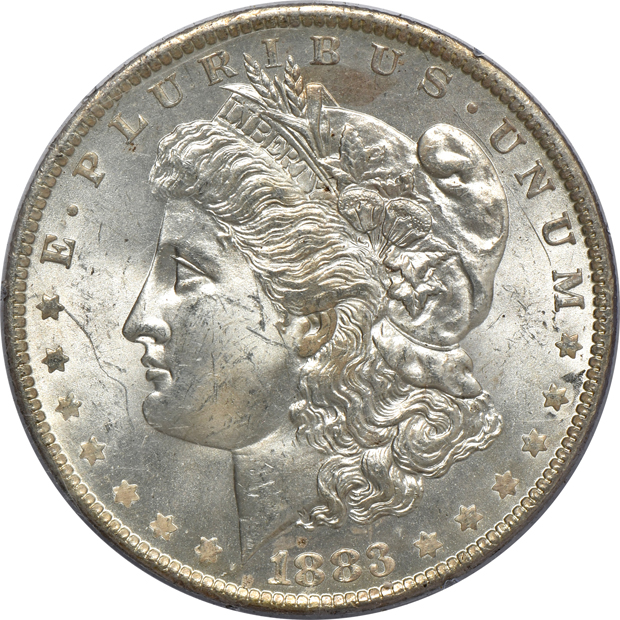 Two Morgan silver dollars, a Peace silver dollar, and a Walking Liberty half-dollar, all Uncirculated PCGS (rattler)