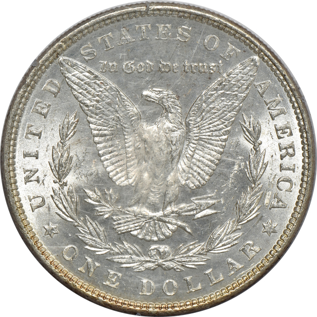 Three Uncirculated Morgan silver dollars, and an Uncirculated Peace silver dollar, all PCGS (rattler) CAC