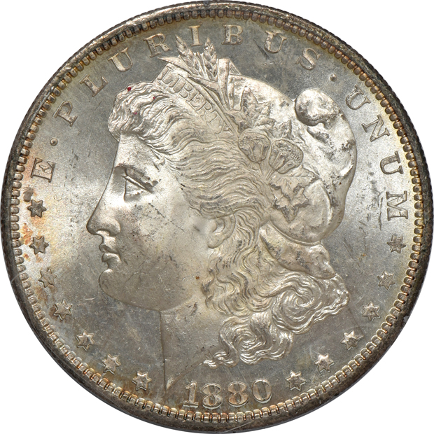 Three Uncirculated Morgan silver dollars, and an Uncirculated Peace silver dollar, all PCGS (rattler) CAC