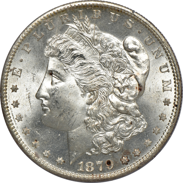 Three Uncirculated Morgan silver dollars, and an Uncirculated Peace silver dollar, all PCGS (rattler) CAC