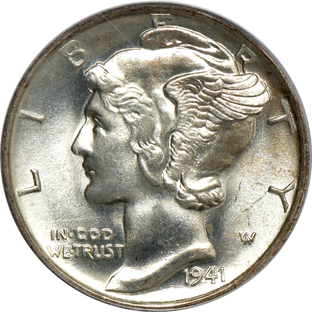 Five Uncirculated Mercury dimes certified by PCGS