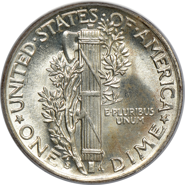 Five Uncirculated Mercury dimes certified by PCGS