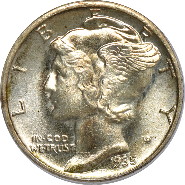 Five Uncirculated Mercury dimes certified by PCGS