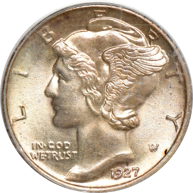 Five Uncirculated Mercury dimes certified by PCGS