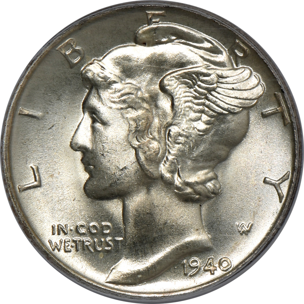 Five Mercury dimes, all PCGS MS-67FB
