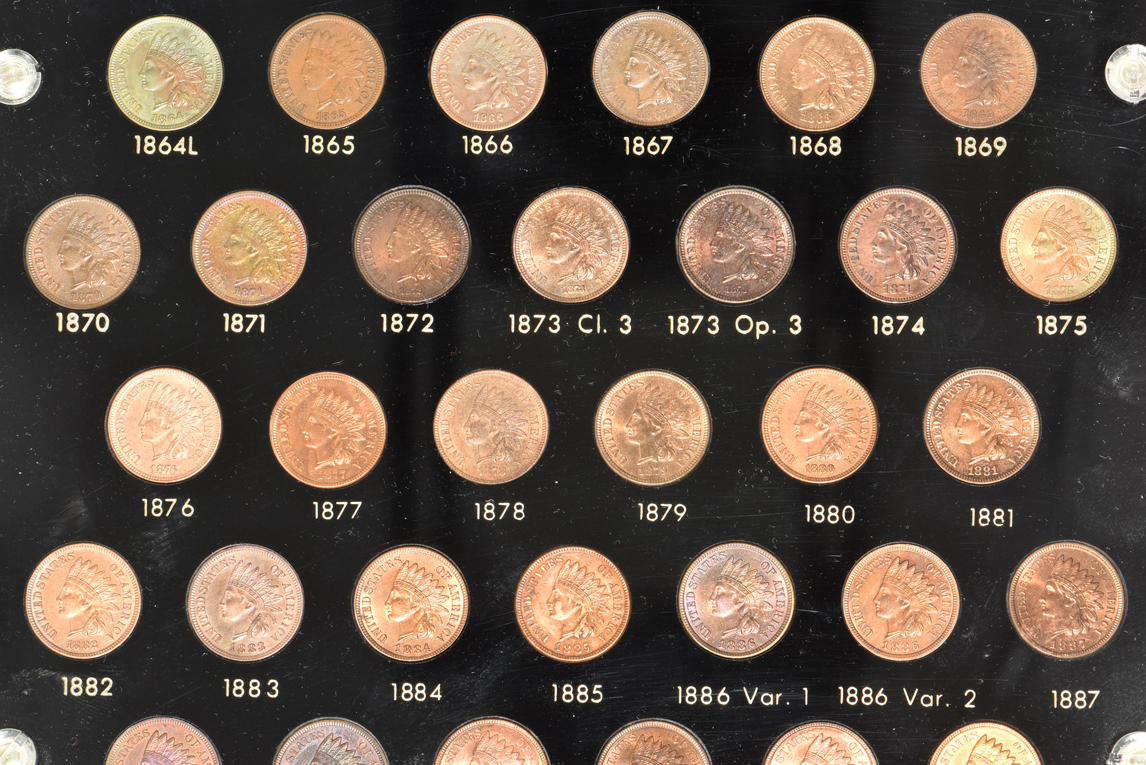 Collection of 60 different Flying Eagle and Indian Head cents in a Capital Plastics holder