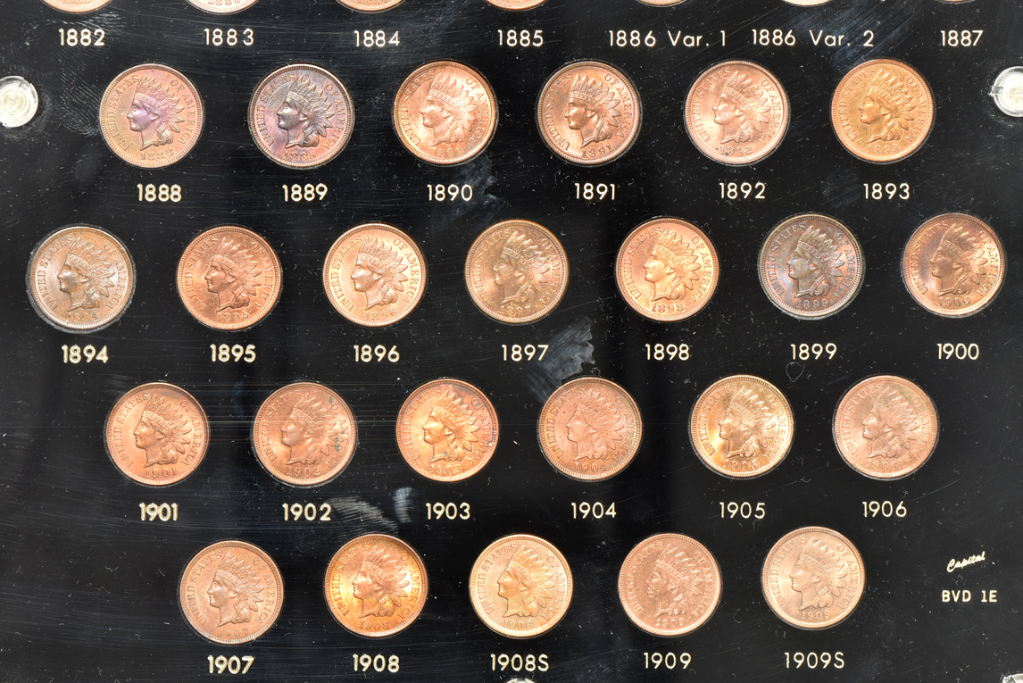 Collection of 60 different Flying Eagle and Indian Head cents in a Capital Plastics holder