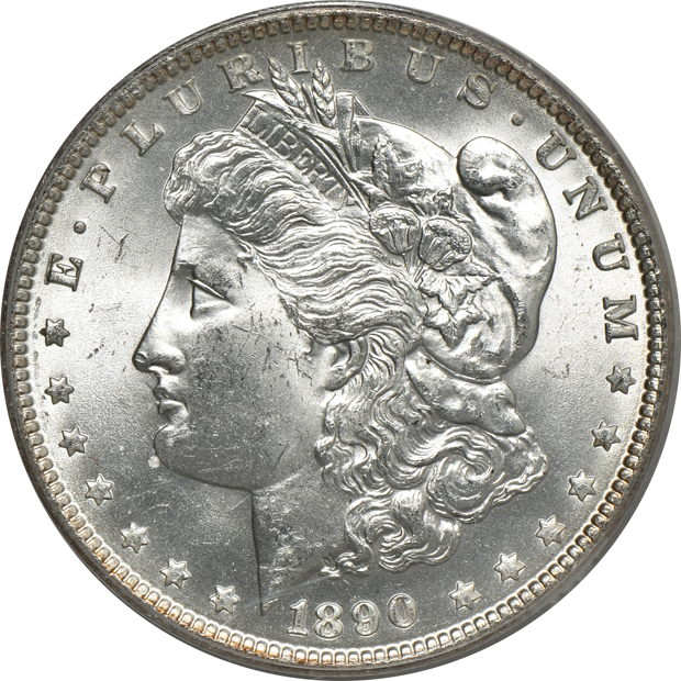 Four Morgan silver dollars, all PCGS (doily) CAC