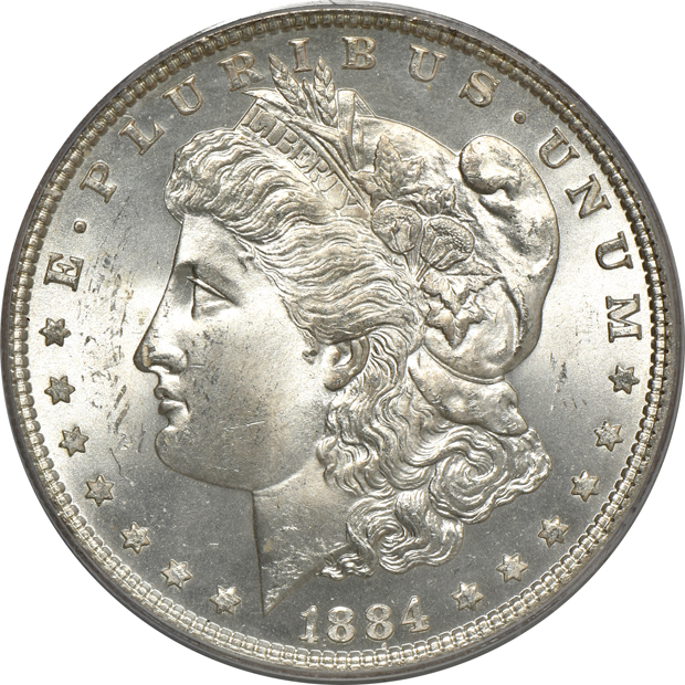 Four Morgan silver dollars, all PCGS (doily) CAC