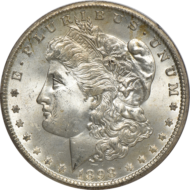 Five Morgan silver dollars, all PCGS (rattler) CAC