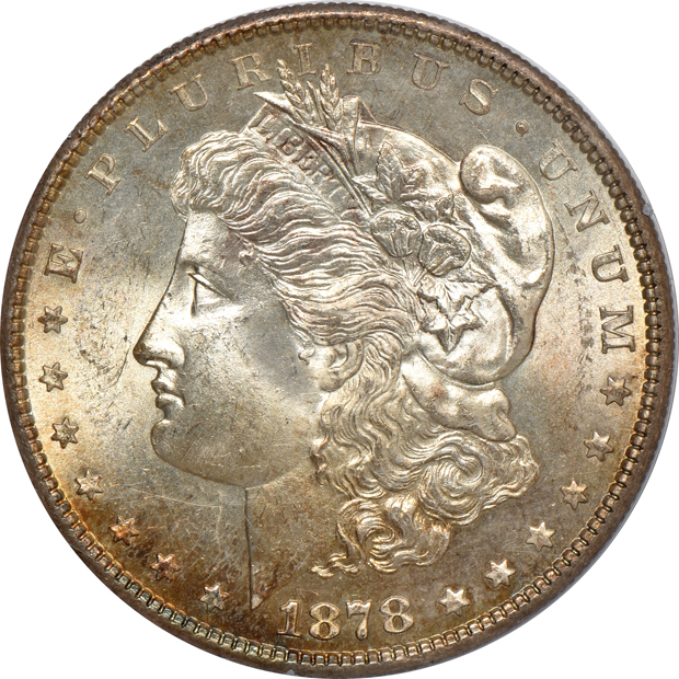 Five Morgan silver dollars, all PCGS (rattler) CAC
