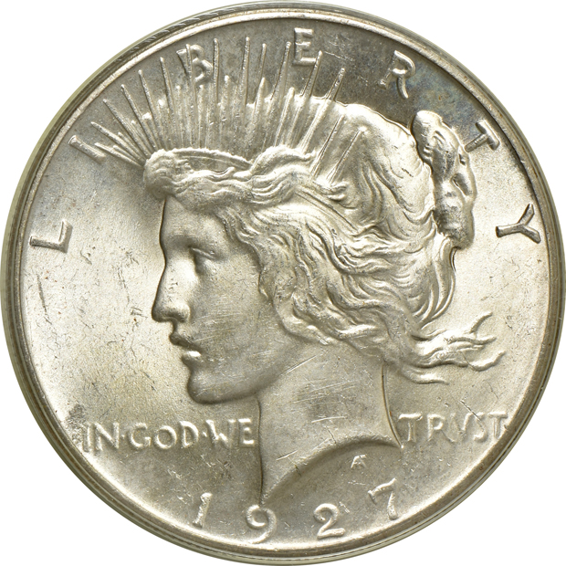 Four Peace silver dollars, all PCGS (doily)