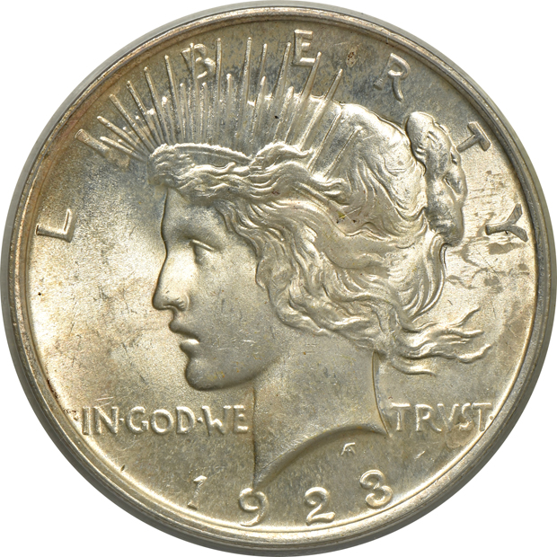 Four Peace silver dollars, all PCGS (doily)