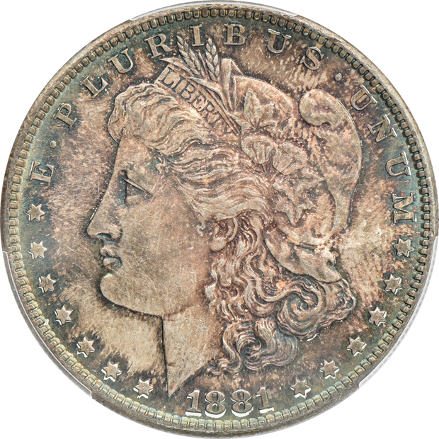 Four Morgan silver dollars, all PCGS CAC