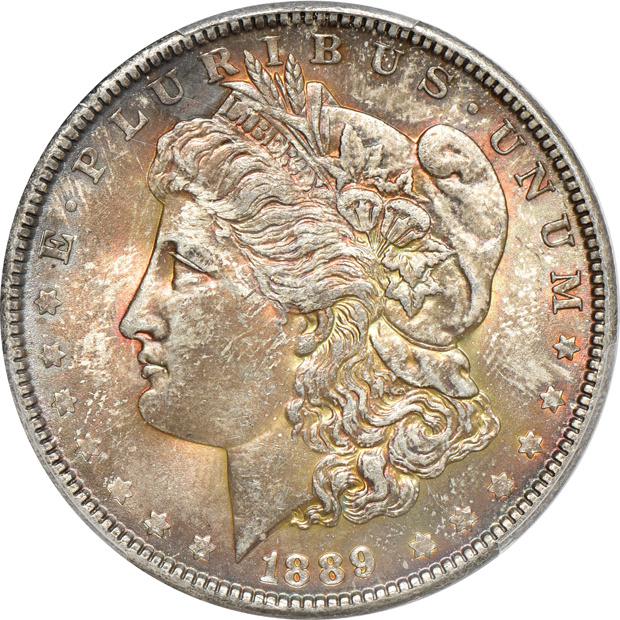 Four Morgan silver dollars, all PCGS CAC