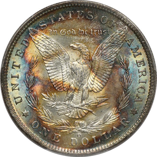 Four Uncirculated Morgan silver dollars, all PCGS