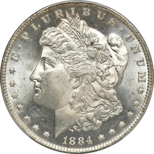 Four Uncirculated Morgan silver dollars, all PCGS