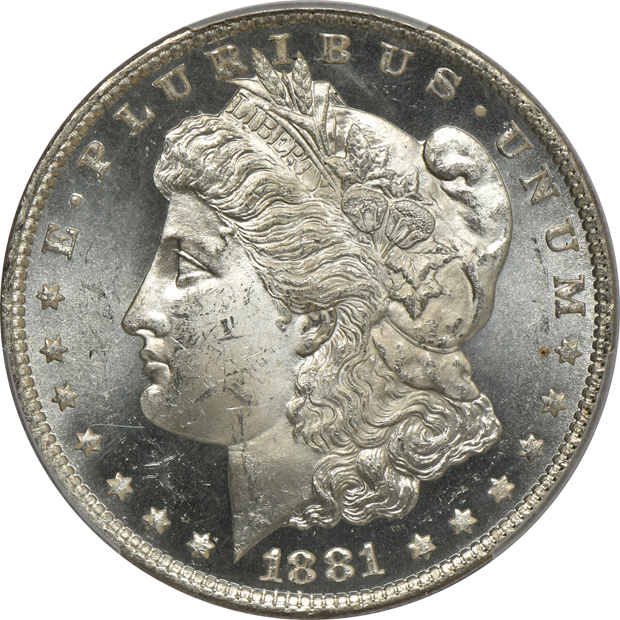 Four Uncirculated Morgan silver dollars, all PCGS