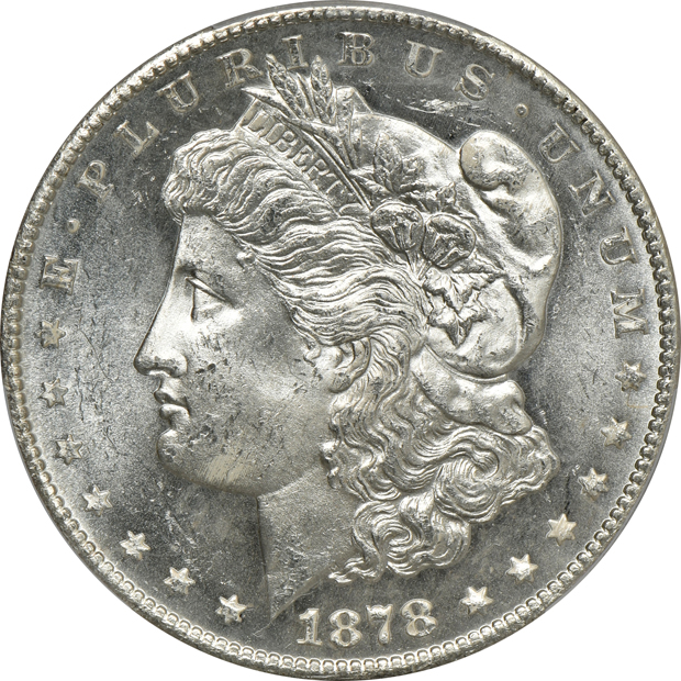 Four Uncirculated Morgan silver dollars, all PCGS