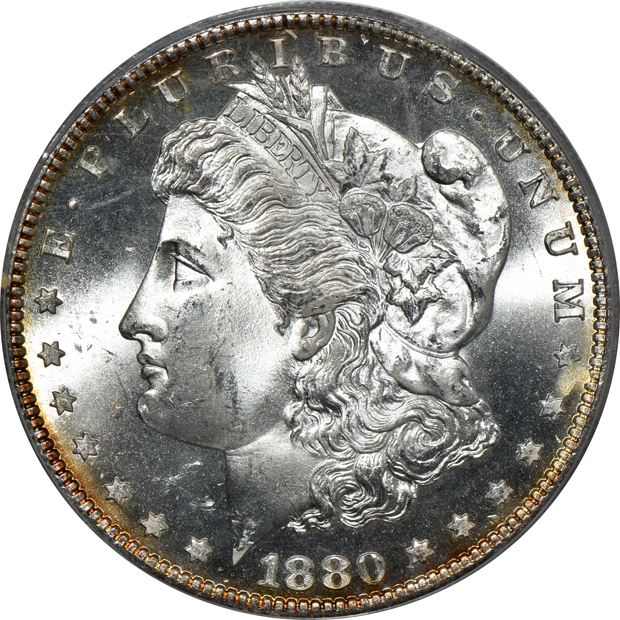 1880-S MS-64, and an 1880-S MS-65, both PCGS (doily) CAC
