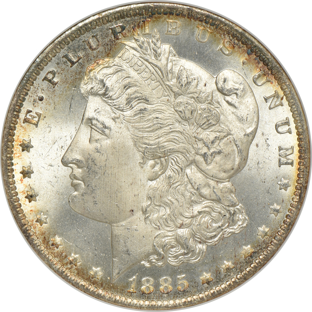 1878 7/8TF Weak NGC MS-63, 1885-O NGC MS-65 (no line), and an 1896 MS-64 (no line), all CAC
