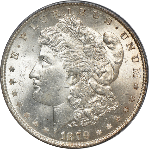 1879 MS-64 (green label), 1879-S MS-63PL (rattler), and an 1887 MS-64PL (rattler), all PCGS
