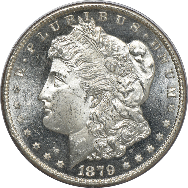 1879 MS-64 (green label), 1879-S MS-63PL (rattler), and an 1887 MS-64PL (rattler), all PCGS