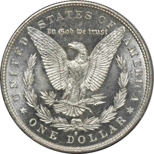 1879 MS-64 (green label), 1879-S MS-63PL (rattler), and an 1887 MS-64PL (rattler), all PCGS