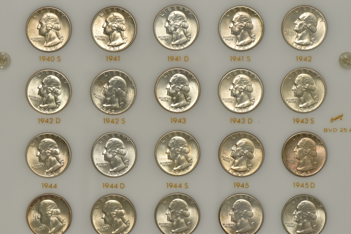 Collection of 42 Washington quarters, 1932 through 1947, in a Capital Plastics holder