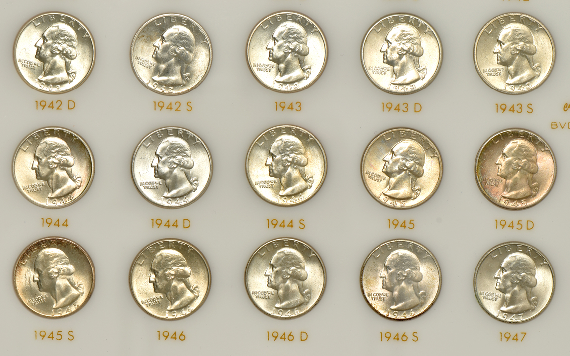 Collection of 42 Washington quarters, 1932 through 1947, in a Capital Plastics holder