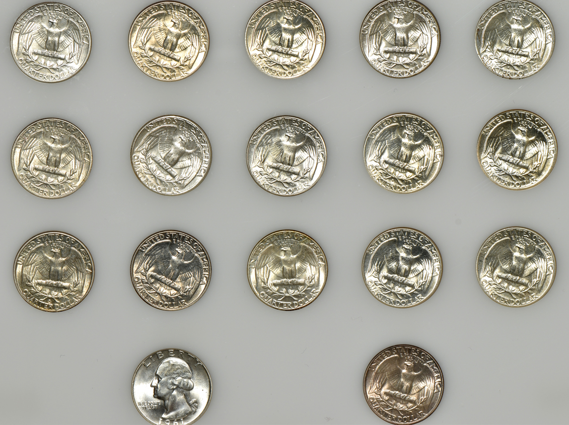 Collection of 42 Washington quarters, 1932 through 1947, in a Capital Plastics holder
