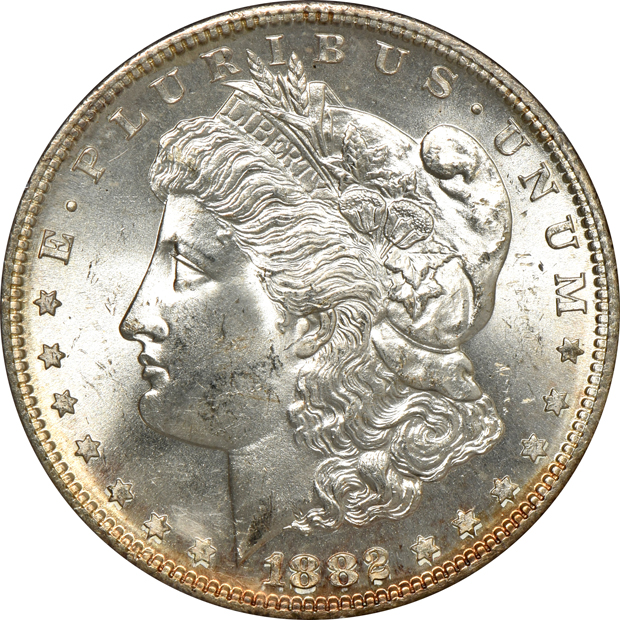 1882-S, 1885, and 1900-O, all PCGS MS-65 (rattler) CAC