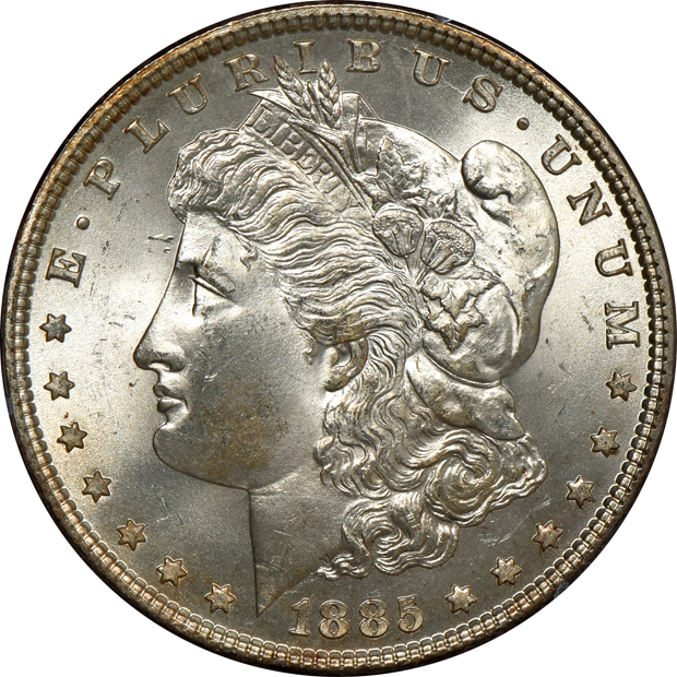 1882-S, 1885, and 1900-O, all PCGS MS-65 (rattler) CAC