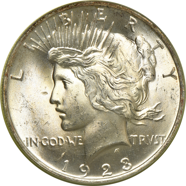 1922 MS-65 (green label), 1923 MS-65 (green label), and a 1923-D MS-63 (rattler), all PCGS CAC