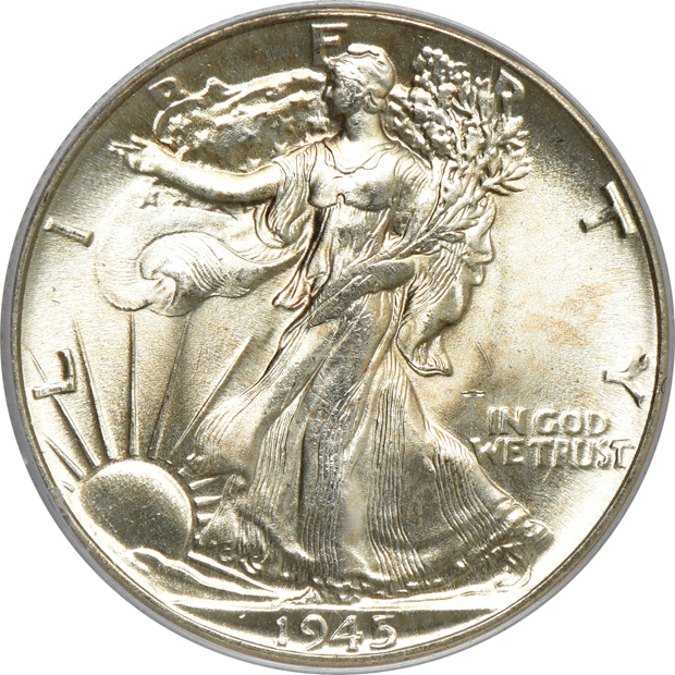 Three 1938-D Buffalo nickels MS-66, and three Walking Liberty half-dollars MS-65, all PCGS (green label) CAC