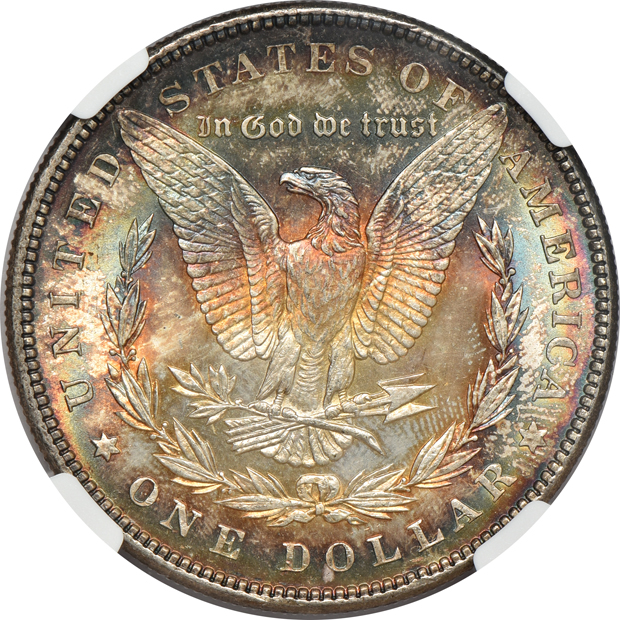 Four Uncirculated Morgan silver dollars certified by NGC