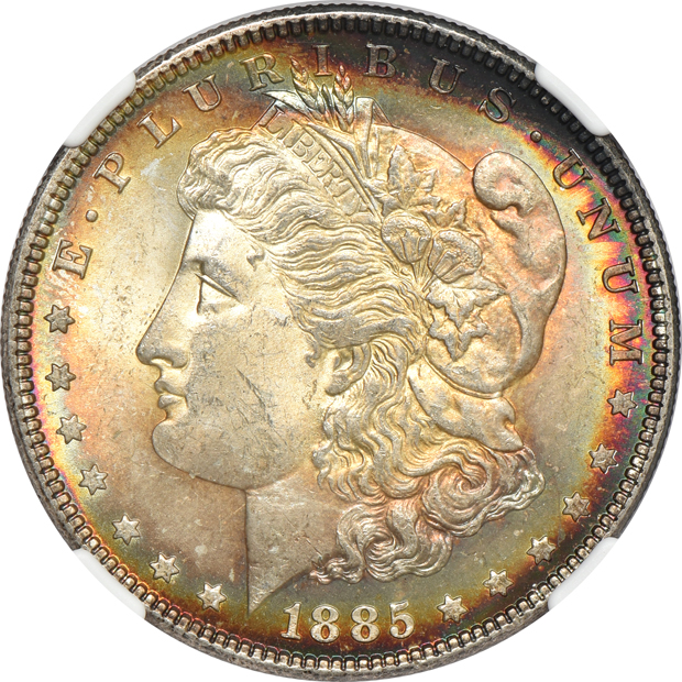 Four Uncirculated Morgan silver dollars certified by NGC