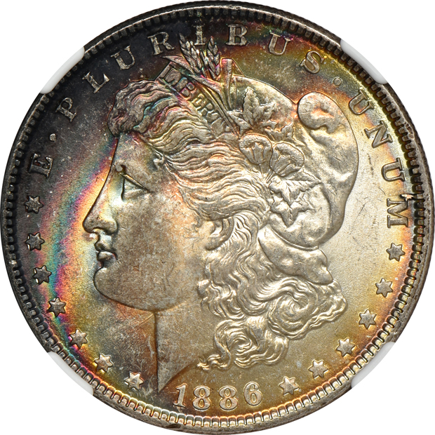 Four Uncirculated Morgan silver dollars certified by NGC
