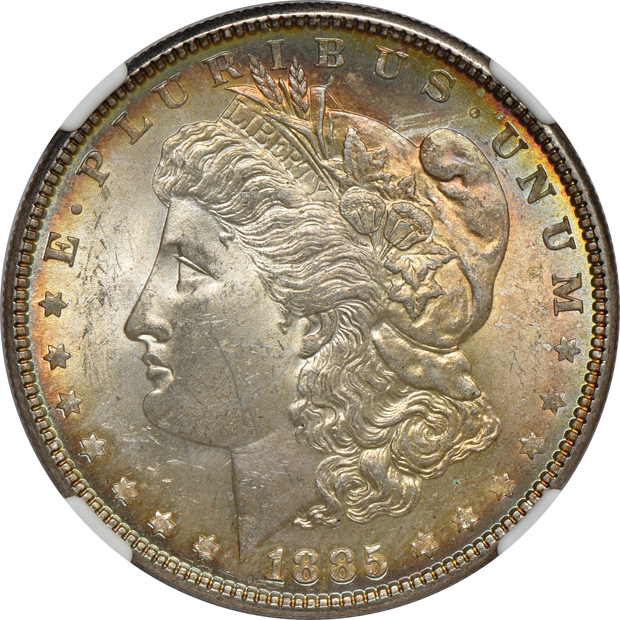 Four Uncirculated Morgan silver dollars certified by NGC
