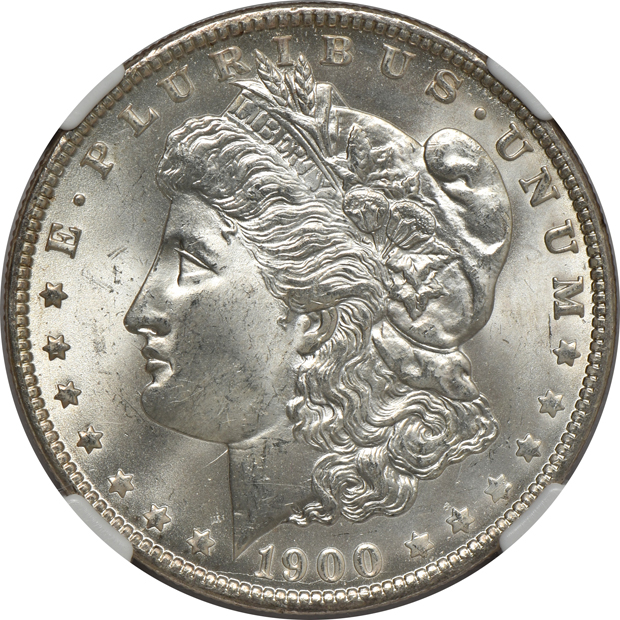 Eight Morgan silver dollars, all NGC MS-66