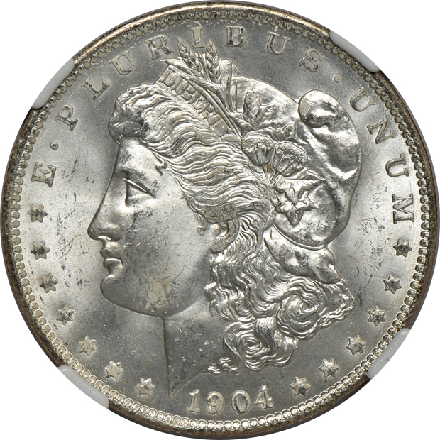 Eight Morgan silver dollars, all NGC MS-66