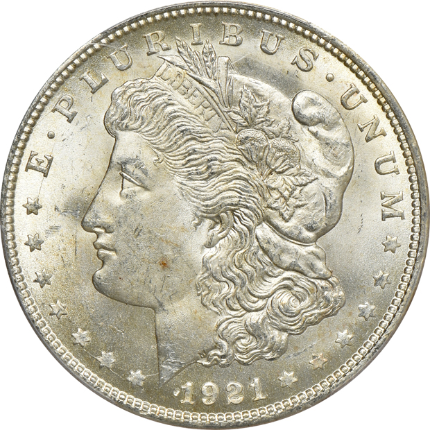 Four Uncirculated Morgan silver dollars certified by PCGS