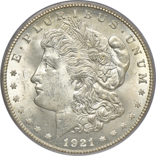 Four Uncirculated Morgan silver dollars certified by PCGS