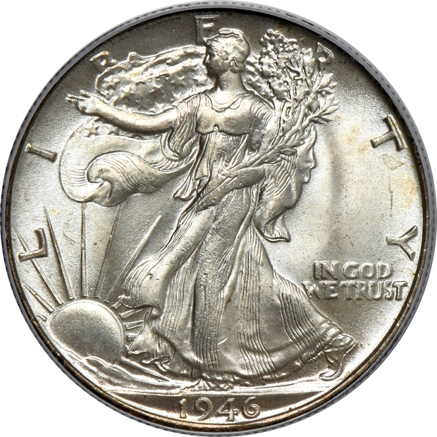 Six Walking Liberty half-dollars, all PCGS MS-66